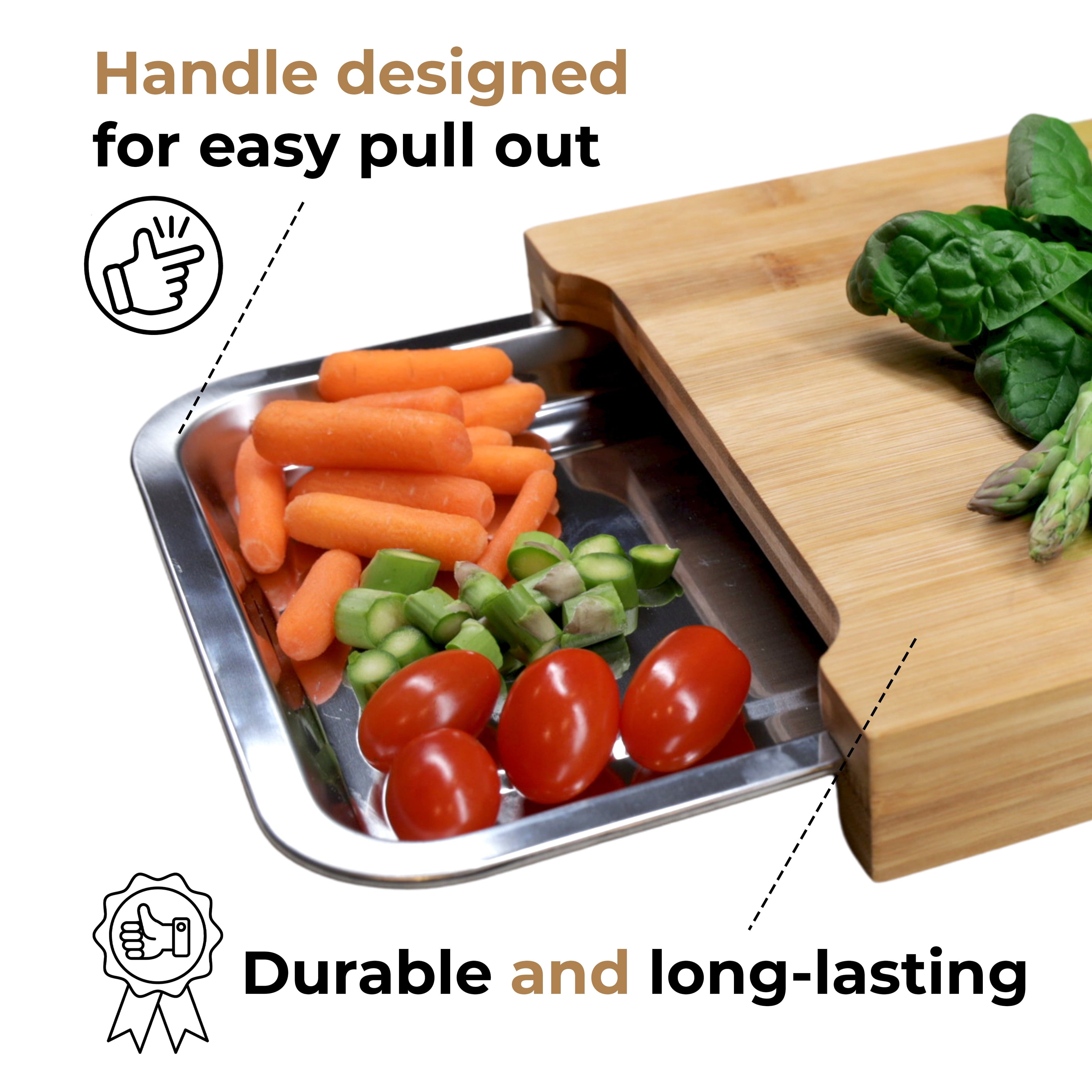 Bamboo Cutting Board with Sliding Stainless Steel Tray