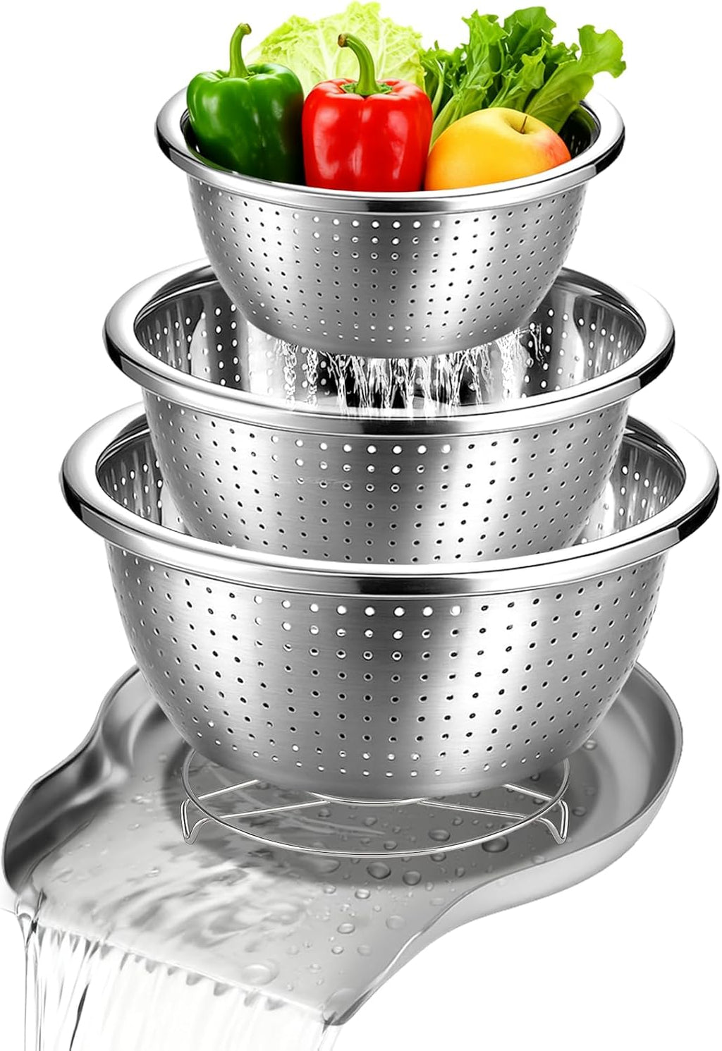 Stainless Steel Colander Set with Self-Draining Base