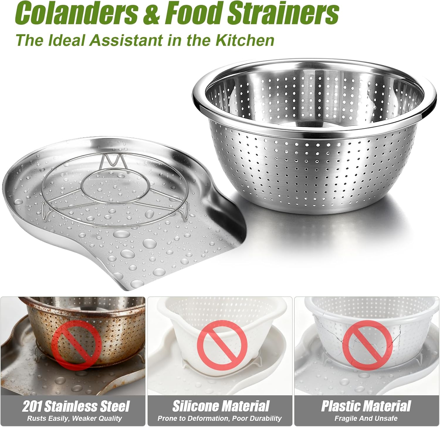 Stainless Steel Colander Set with Self-Draining Base