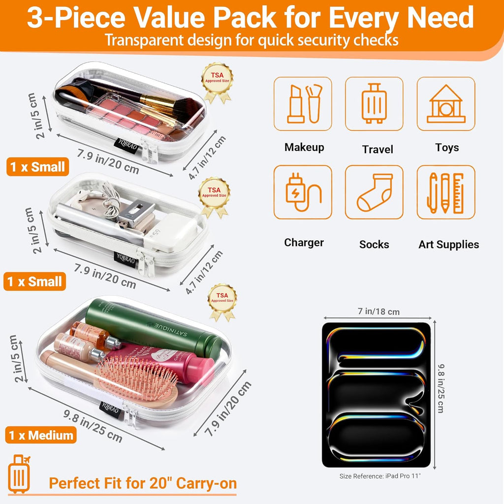 3-Pack Clear Hard Shell Zipper Case Set