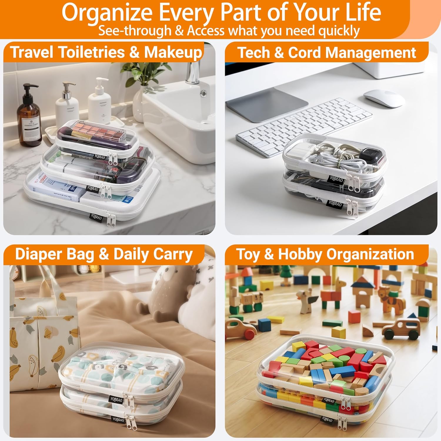 3-Pack Clear Hard Shell Zipper Case Set
