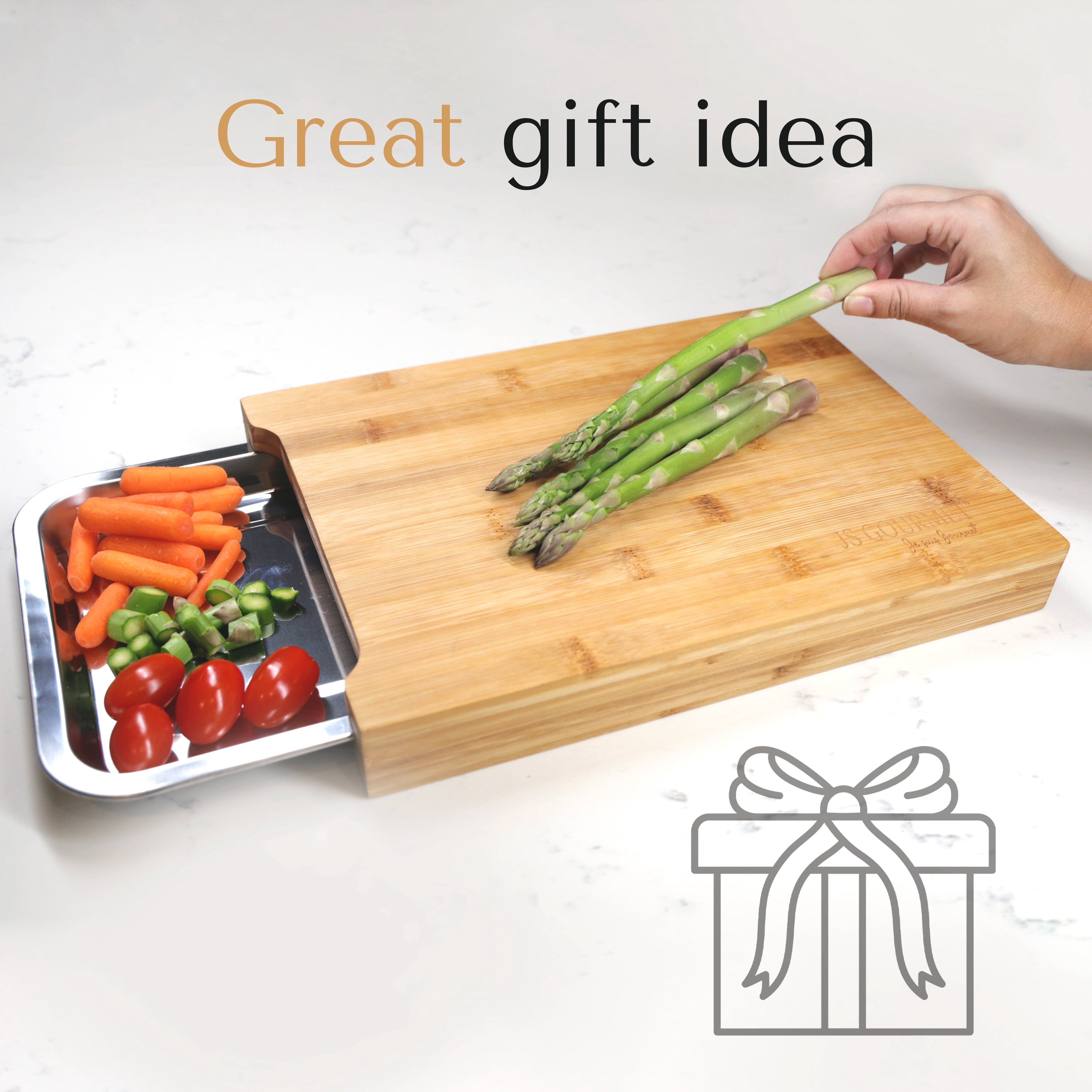 Bamboo Cutting Board with Sliding Stainless Steel Tray