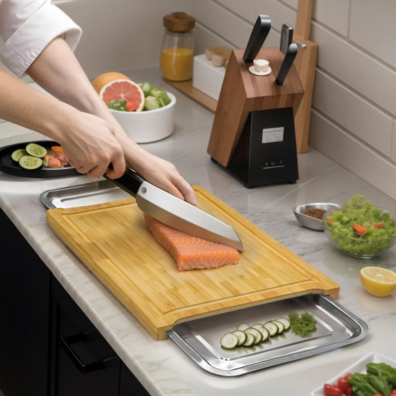 Bamboo Cutting Board with Sliding Stainless Steel Tray