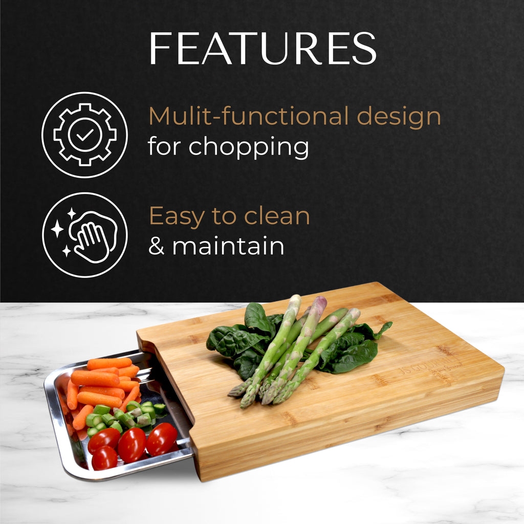 Bamboo Cutting Board with Sliding Stainless Steel Tray