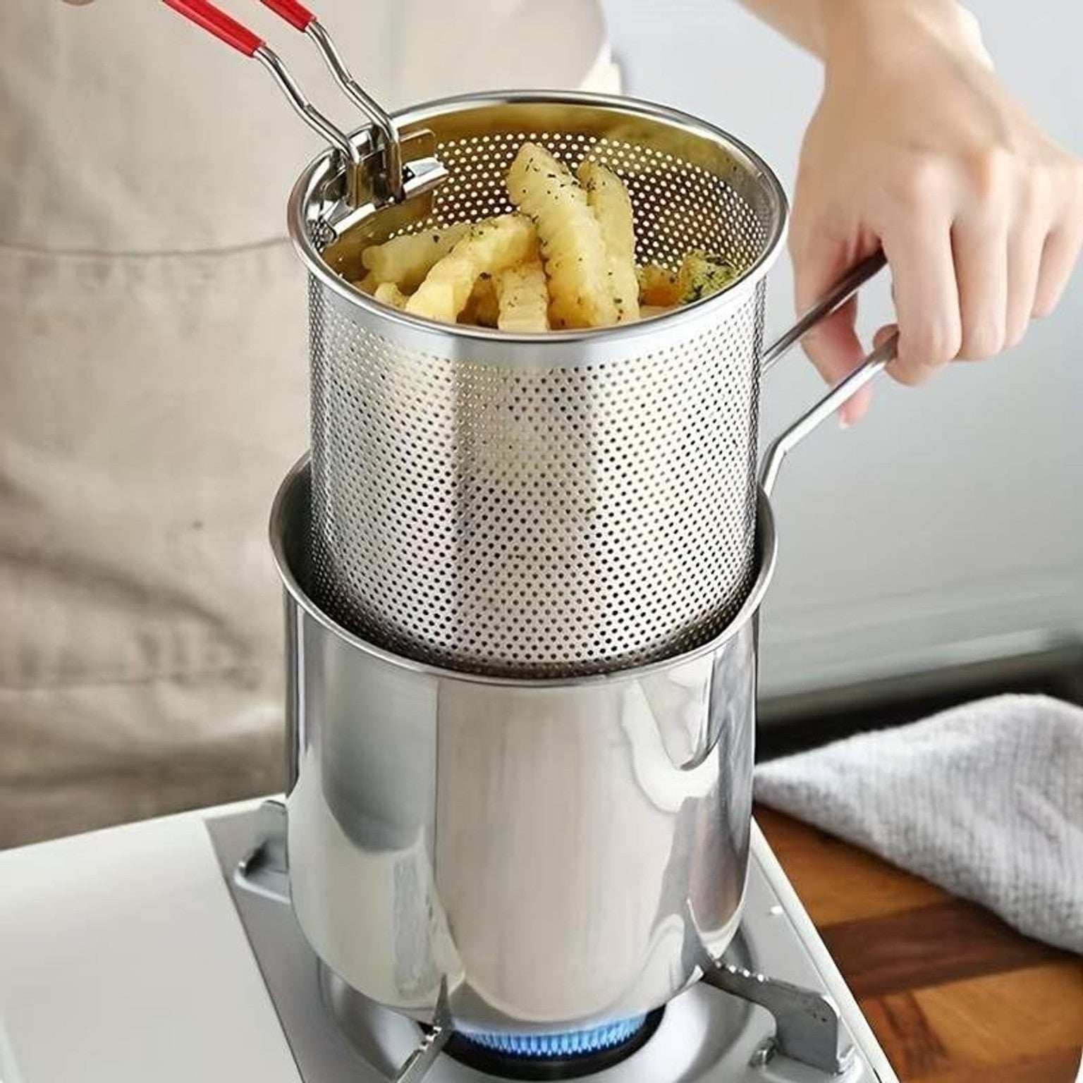 Stainless Steel Frying Basket with Oil Drainer